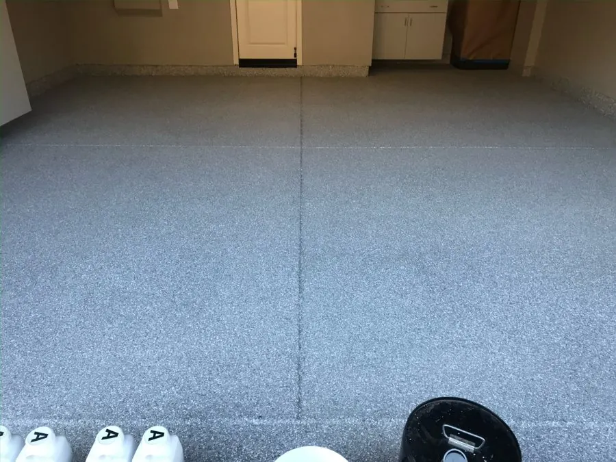 Gray Flake Garage — Neutral gray flake with a satin top coat, cove and step edge finished.